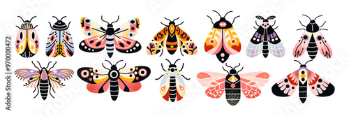 Set of beetles and butterflies in cartoon style. Bright abstract patterns and ornaments on wings, insects flies, bees, caterpillars, bugs in abstract style. Bright funky stickers.