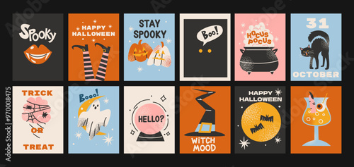 Cartoon halloween posters magic and witchcraft. 90s wild magic wall design. Vintage banners: skull, pumpkin, witch, ghosts, eye, potion. Scary groovy placard set