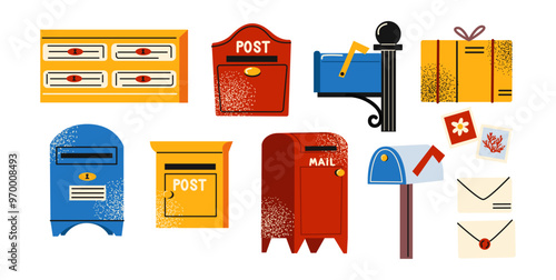 Retro mailbox set. Cartoon doodle mailboxes for sending and receiving letters. Envelope delivery service. Vector set of hand drawn stickers