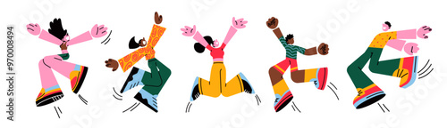 Happy cartoon retro characters in 90s style jumping. Groovy set of people in flight smiling women and men. Hippie funky illustration