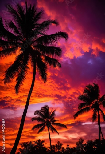 vibrant sunset backdrop featuring silhouetted palm trees colorful sky, orange, pink, blue, clouds, horizon, nature, scenery, landscape, tropical, light