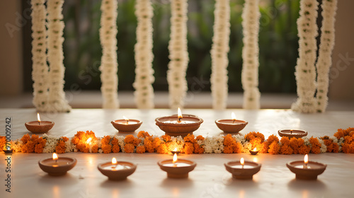 Diwali Decoration Ideas, Festive Lights, Diyas, and Colorful Rangoli for Festival of Lights photo