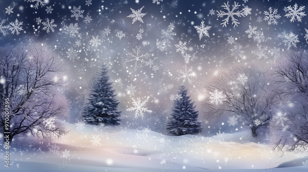 winter wonderland featuring snow-covered pine trees against a backdrop of falling snow. It's perfect for promoting winter-themed products, winter wonderland featuring snow-covered pine trees against a backdrop of falling snow. It's perfect for promoting winter-themed products,