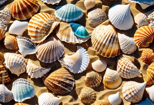 colorful seashells spread across bright sunny shoreline enhancing beauty beach environment, sand, vibrant, ocean, tropical, summer, coast, marine, wave, light