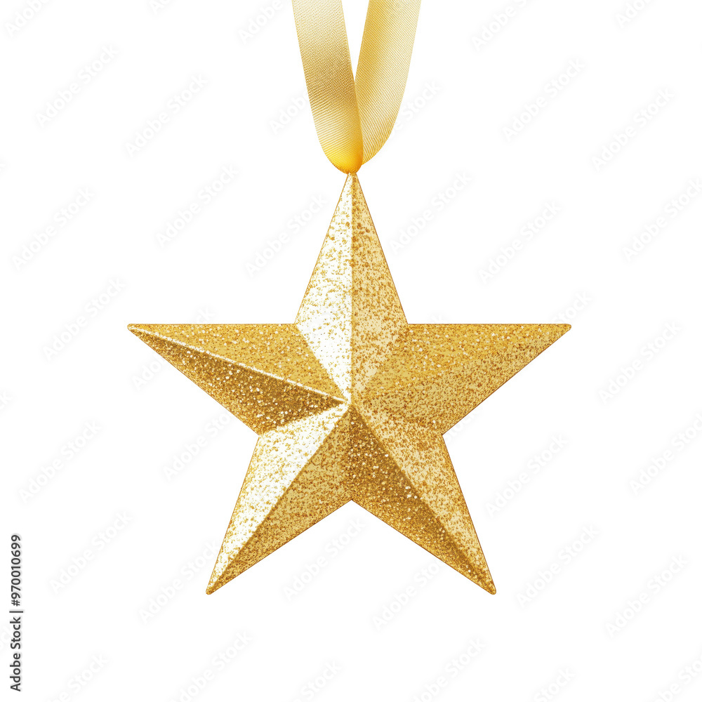 Gold Star Bauble Hanging on Ribbon Isolated on White and Png Transparent Background. Christmas Decoration Gold Star Bauble Hanging on Ribbon Isolated on White and Png Transparent Background. Christmas Decoration