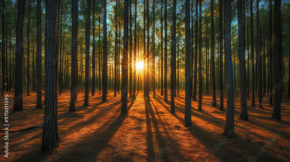 Obraz premium Immerse yourself in the captivating beauty of a pine forest. Majestic trees tower overhead, casting intricate shadows on the forest floor