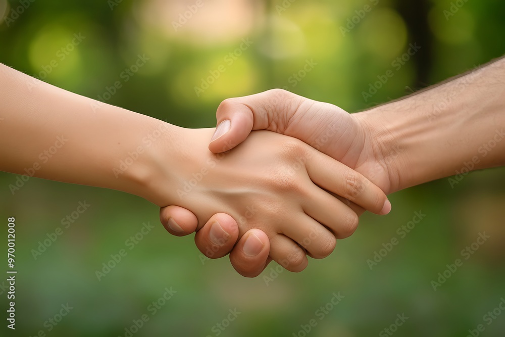 Close up of a handshake between two people outdoors Close up of a handshake between two people outdoors