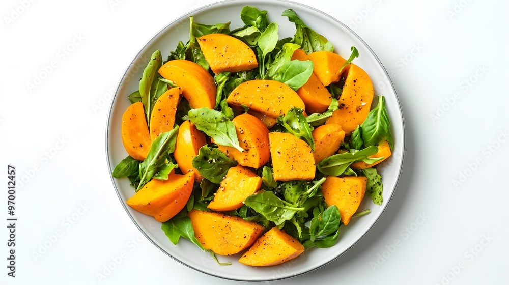 Fresh persimmon and green leafy salad with arugula and spinach Fresh persimmon and green leafy salad with arugula and spinach