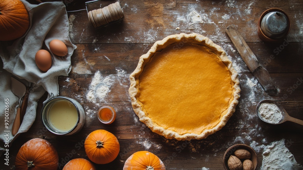 Pumpkin pie ingredients and dough prepared on rustic backdrop, retro-style, top view. Pumpkin pie ingredients and dough prepared on rustic backdrop, retro-style, top view.