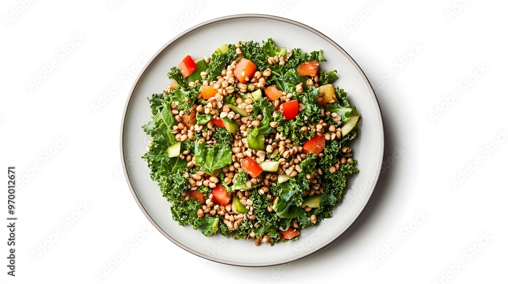 Vibrant kale salad with fresh vegetables and pine nuts on white plate Vibrant kale salad with fresh vegetables and pine nuts on white plate