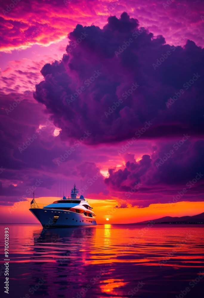 breathtaking vibrant sunset illuminating luxurious yacht sailing open sea, water, sky, clouds, colors, orange, red, pink, blue, reflection, luxury breathtaking vibrant sunset illuminating luxurious yacht sailing open sea, water, sky, clouds, colors, orange, red, pink, blue, reflection, luxury