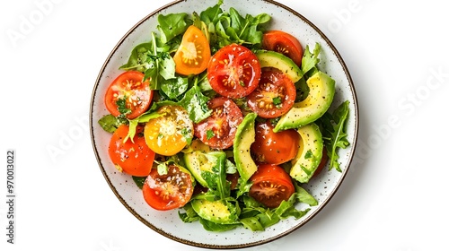 Fresh vibrant salad with cherry tomatoes, avocado, and arugula on white background