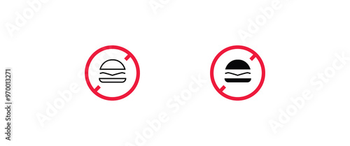 No hamburger icon. Fast food is prohibited. Stop or ban red round sign with hamburger icon No food allowed, eating prohibited, crossed out hamburger line and flat icons set, editable stroke isolated