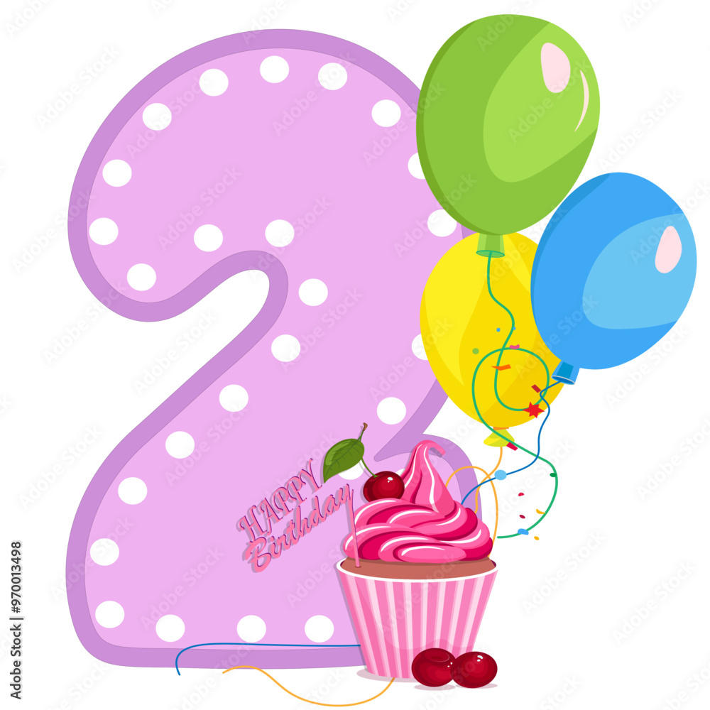 number two, balloons, happy birthday inscription number two, balloons, happy birthday inscription