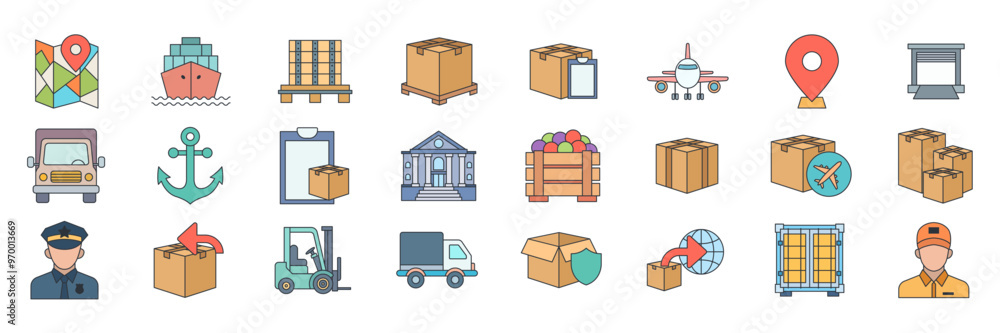 Logistics and Shipping icons set, Included icons as Airplane, Package, Forklift, Delivery Truck and more symbols collection, logo isolated vector illustration Logistics and Shipping icons set, Included icons as Airplane, Package, Forklift, Delivery Truck and more symbols collection, logo isolated vector illustration