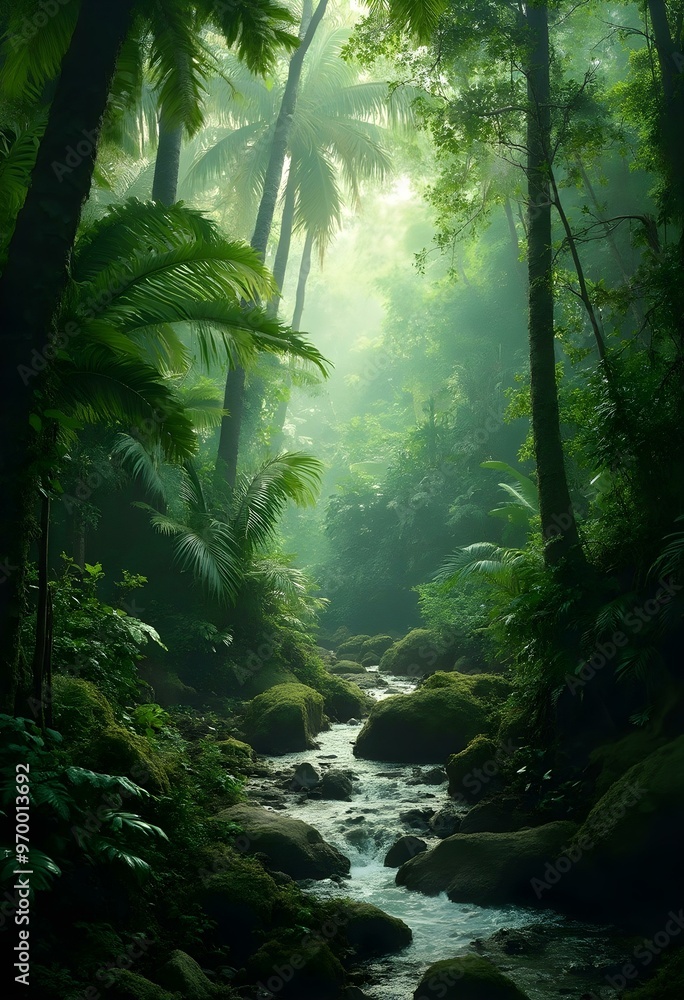 Fototapeta premium A lush, dense tropical rainforest with a small stream flowing through the mossy rocks and vegetation. The scene is filled with various shades of green, with sunlight filtering through the canopy of ta