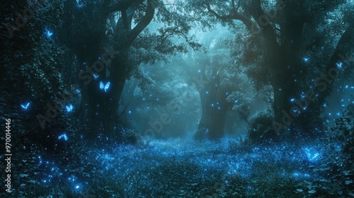 Wallpaper Mural Magical Forest Path with Blue Butterflies. Torontodigital.ca