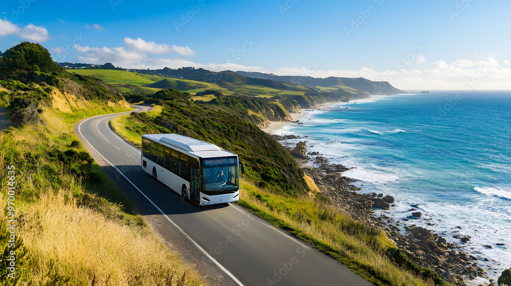 An electric bus driving along a scenic coastal route with the ocean on one side and rolling hills on the other under a clear blue sky. An electric bus driving along a scenic coastal route with the ocean on one side and rolling hills on the other under a clear blue sky.
