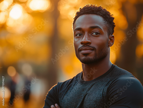 Confident athletic man outdoors in autumn sunset

 photo