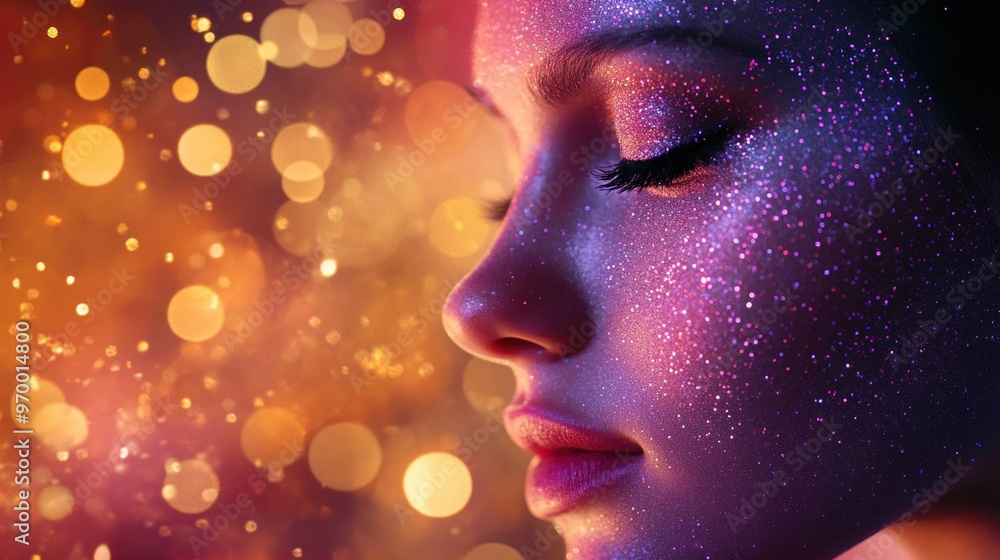 Close-up of a Woman's Face Covered in Glitter Against a Bokeh Background Close-up of a Woman's Face Covered in Glitter Against a Bokeh Background