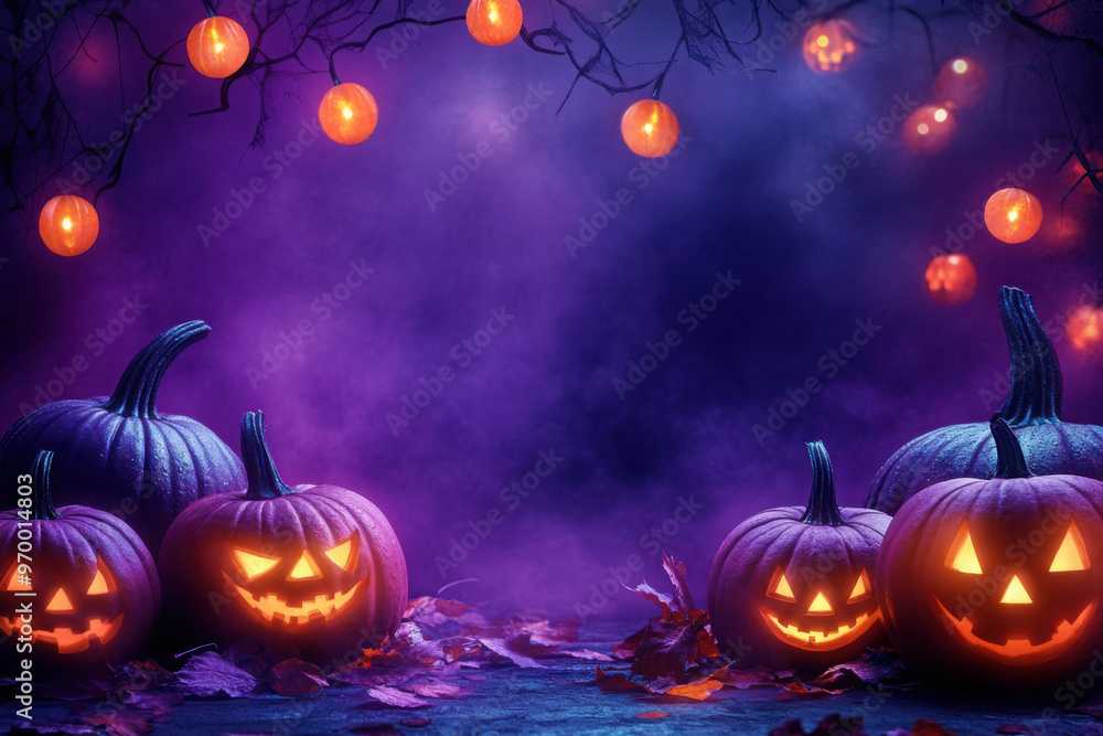 Fototapeta premium Spooky halloween illustration, pumpkins castle, dark, cartoon style for kids. High quality photo