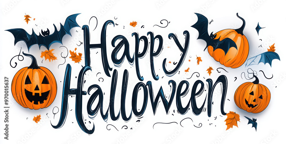 Naklejka premium happy halloween lettering calligraphy logo with pumpkin, bat and spider web