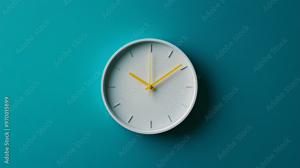 Minimalist image of a white wall clock with a yellow second hand hanging on a blue-turquoise background. The clock is centrally positioned, leaving ample copy space to the sides. Minimalist image of a white wall clock with a yellow second hand hanging on a blue-turquoise background. The clock is centrally positioned, leaving ample copy space to the sides.
