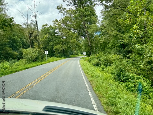 Driving through the woods at a in the Pisgah National Forest near Burnsville, North Carolina USA