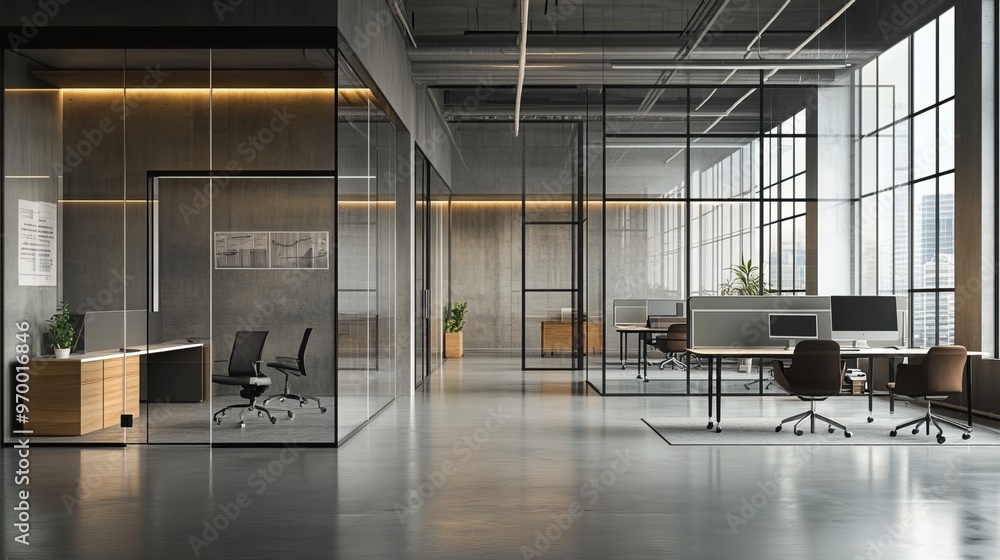 Modern workspace features sleek, minimalist design. Office boasts clean lines and open layout, with glass partitions providing spaciousness and transparency. Modern workspace features sleek, minimalist design. Office boasts clean lines and open layout, with glass partitions providing spaciousness and transparency.