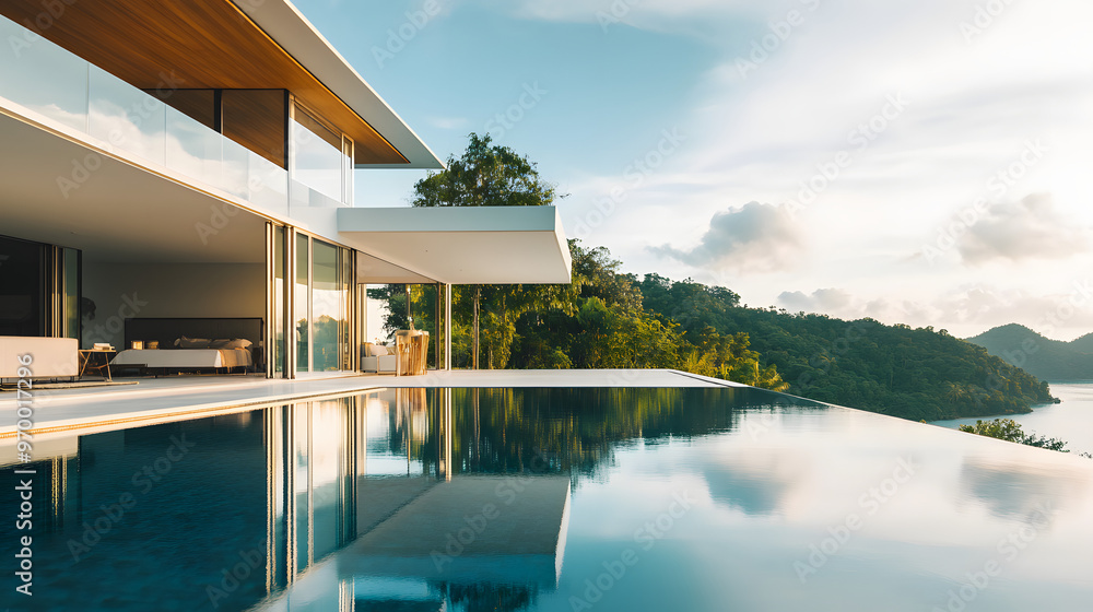 Fototapeta premium A luxurious modern mansion with an infinity pool and large glass walls nestled in a tropical paradise.