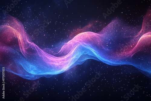 A single flowing wave of energy with blue and pink hues creating a mesmerizing cosmic pattern in a starry night sky