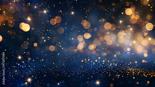 Christmas golden light shine particles bokeh on a navy blue background. Abstract background with dark blue and gold particles.