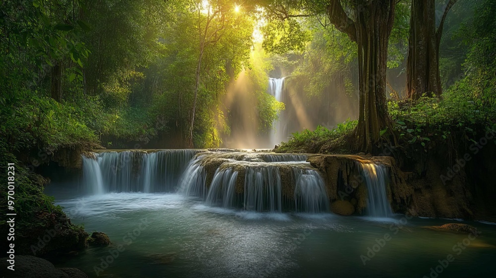 Nestled in the verdant embrace of Erawan Waterfall National Park in Thailand, a cascading torrent descends through lush greenery, creating a symphony of nature's beauty. Nestled in the verdant embrace of Erawan Waterfall National Park in Thailand, a cascading torrent descends through lush greenery, creating a symphony of nature's beauty.