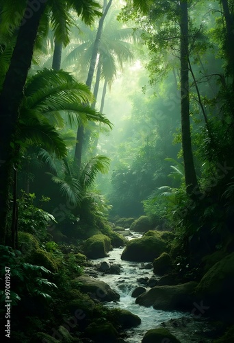 A lush, dense tropical rainforest with a small stream flowing through the mossy rocks and vegetation. The scene is filled with various shades of green, with sunlight filtering through the canopy of ta