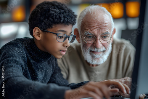 A young boy assists an older man with computer tasks in a bright, diverse office setting, highlighting intergenerational collaboration and learning