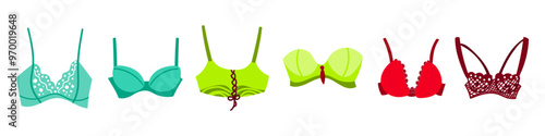 Set of bra, underwear for women. Fashion collection with various types of underclothing. isolated hand drawn cartoon vector illustrations with colorful lingerie on white background.