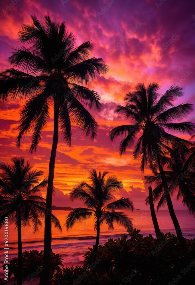 vibrant silhouettes palm trees stunning sunset backdrop creating colorful tropical scene, sky, horizon, nature, landscape, light, orange, pink, purple vibrant silhouettes palm trees stunning sunset backdrop creating colorful tropical scene, sky, horizon, nature, landscape, light, orange, pink, purple