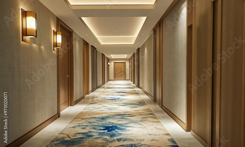 hallway in a hotel with wall lamps