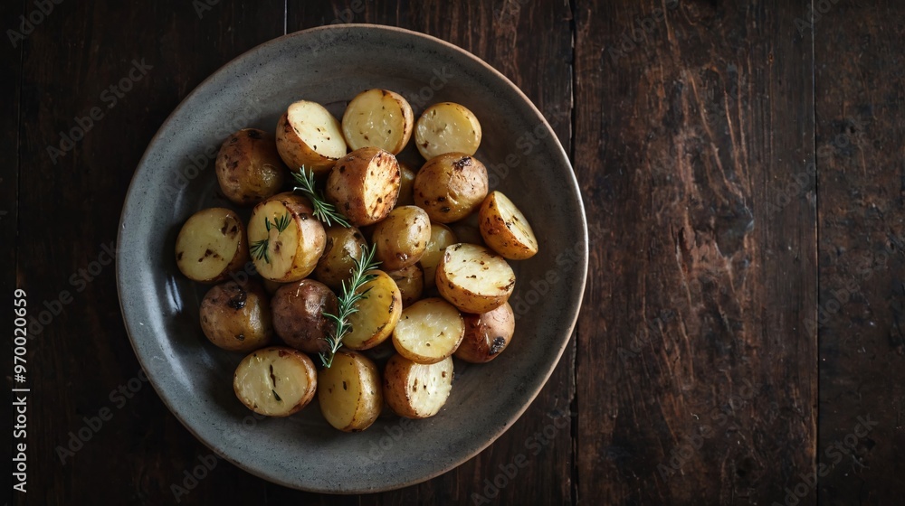 A Roasted Potatoes in the plate, Food closeup photography. A Roasted Potatoes in the plate, Food closeup photography.