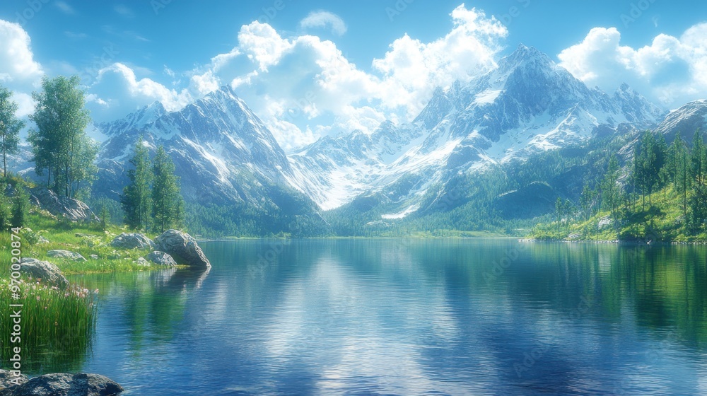 Serene Mountain Lake with Snow-Capped Peaks and Lush Greenery Serene Mountain Lake with Snow-Capped Peaks and Lush Greenery