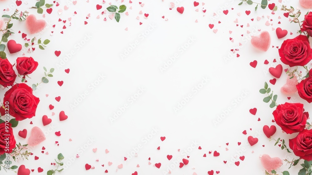 Romantic composition with red roses, hearts, and a wrapped gift box on a white background. Perfect for Valentine's Day and romantic occasions. Romantic composition with red roses, hearts, and a wrapped gift box on a white background. Perfect for Valentine's Day and romantic occasions.