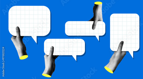 Set of halftone hands holding speech bubbles. Modern collage. Elements for banner, presentation design