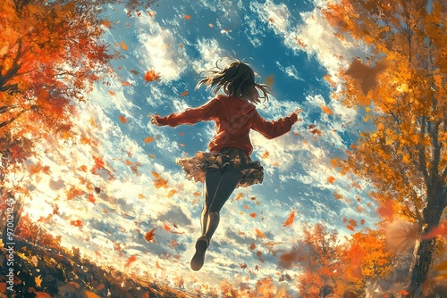 Wallpaper Mural Young woman jumping in falling autumn leaves Torontodigital.ca