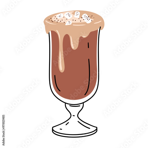 Glass of hot chocolate isolated on white background. Linear glass of cocoa. Winter drink