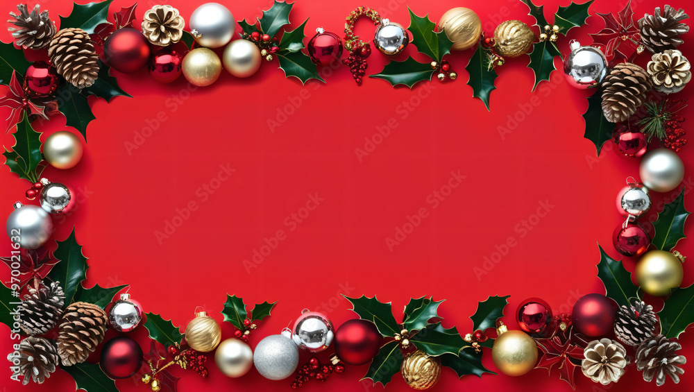 Creative christmas framei on red background. Xmas and New Year holiday, banner, postcard, invitation, celebration. Flat lay, top view Creative christmas framei on red background. Xmas and New Year holiday, banner, postcard, invitation, celebration. Flat lay, top view