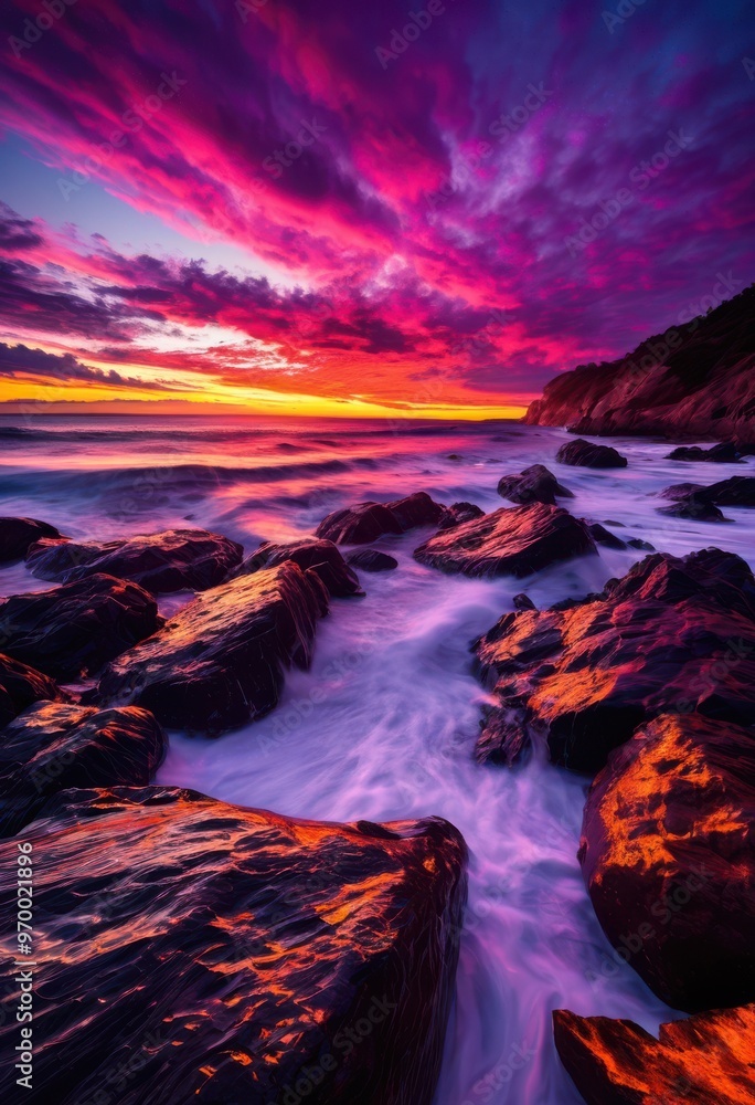 Fototapeta premium vibrant coastal sunset dramatic cloud formations over tranquil waters silhouetted shoreline, beach, coastline, clouds, colorful, dusk, horizon, light, marine
