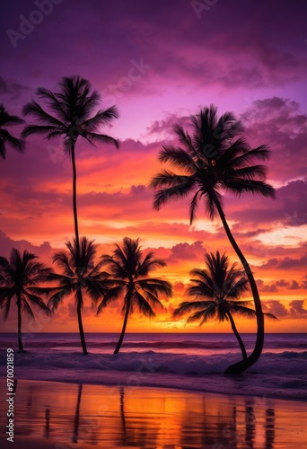 tropical paradise featuring vibrant sunset silhouetted palms colorful sky, beach, silhouettes, landscape, evening, horizon, light, clouds, beauty, warmth