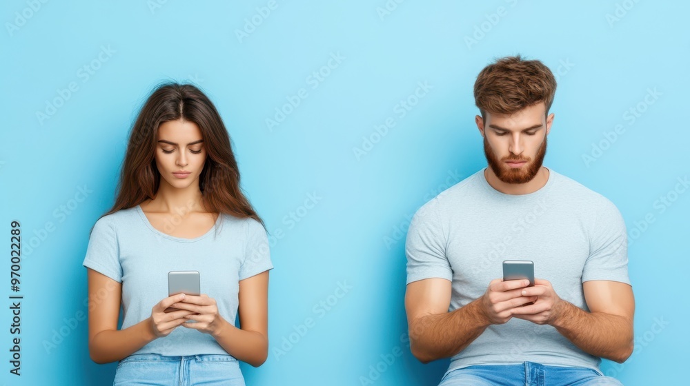 Fototapeta premium Two young adults sitting side by side, engrossed in their smartphones, against a bright blue background. Concept of social media or technology addiction.