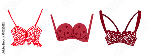Set of bra, underwear for women. Fashion collection with various types of underclothing. isolated hand drawn cartoon vector illustrations with colorful lingerie on white background.