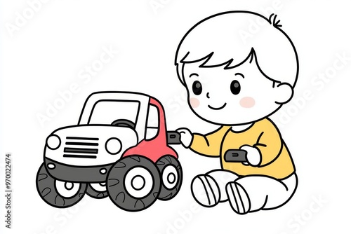 One continuous line graphic design showing boy playing with remote-controlled cargo truck toy. Cute kids playing with toy cargo truck with remote control.